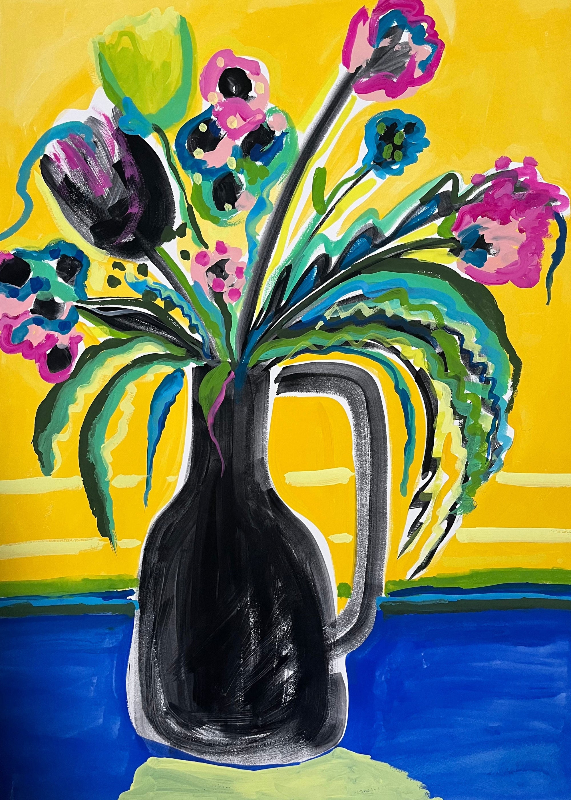 Colorful abstract painting of flowers in a black vase on a yellow and blue background