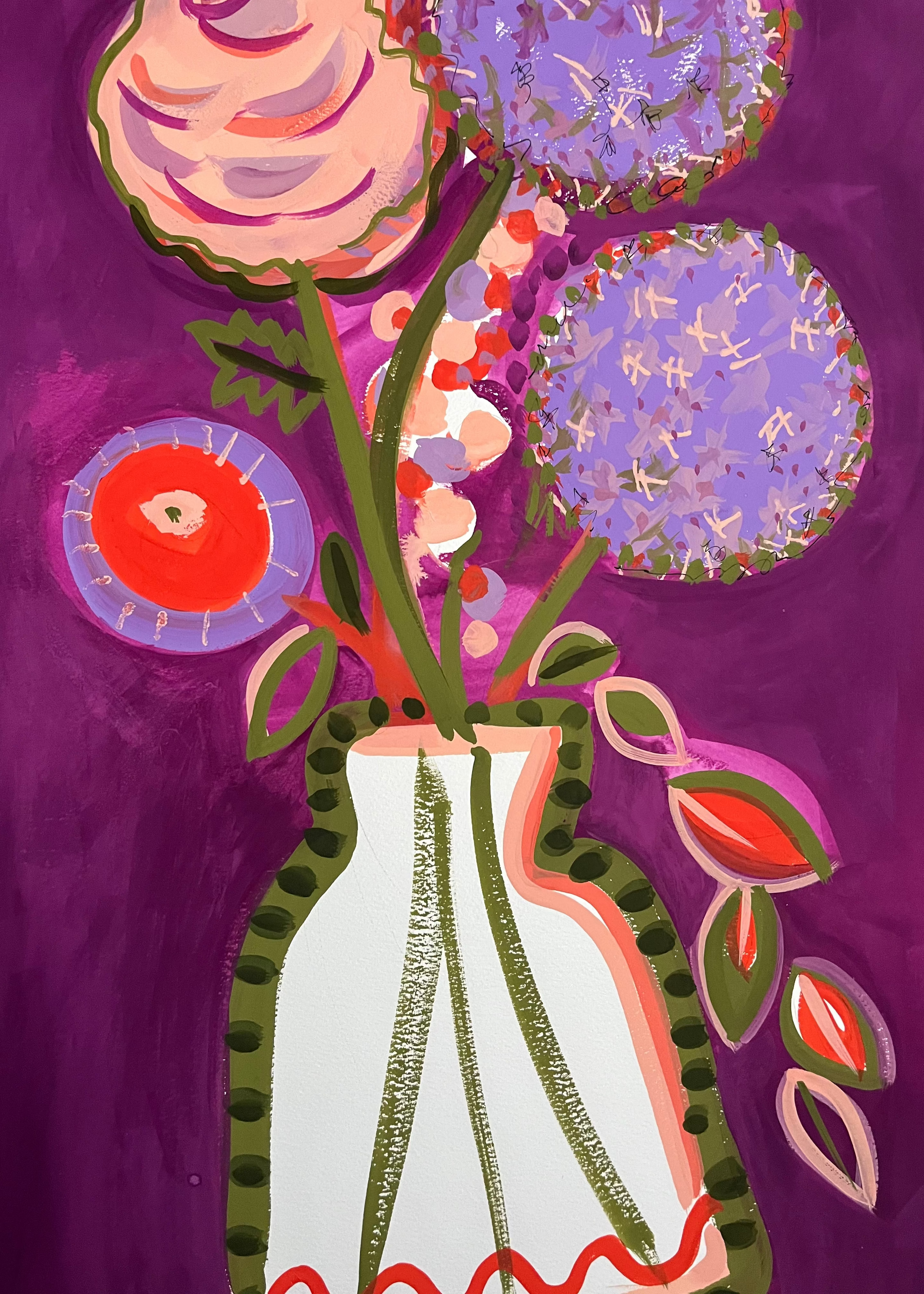 Decorative illustration of a vase with flowers on a purple background