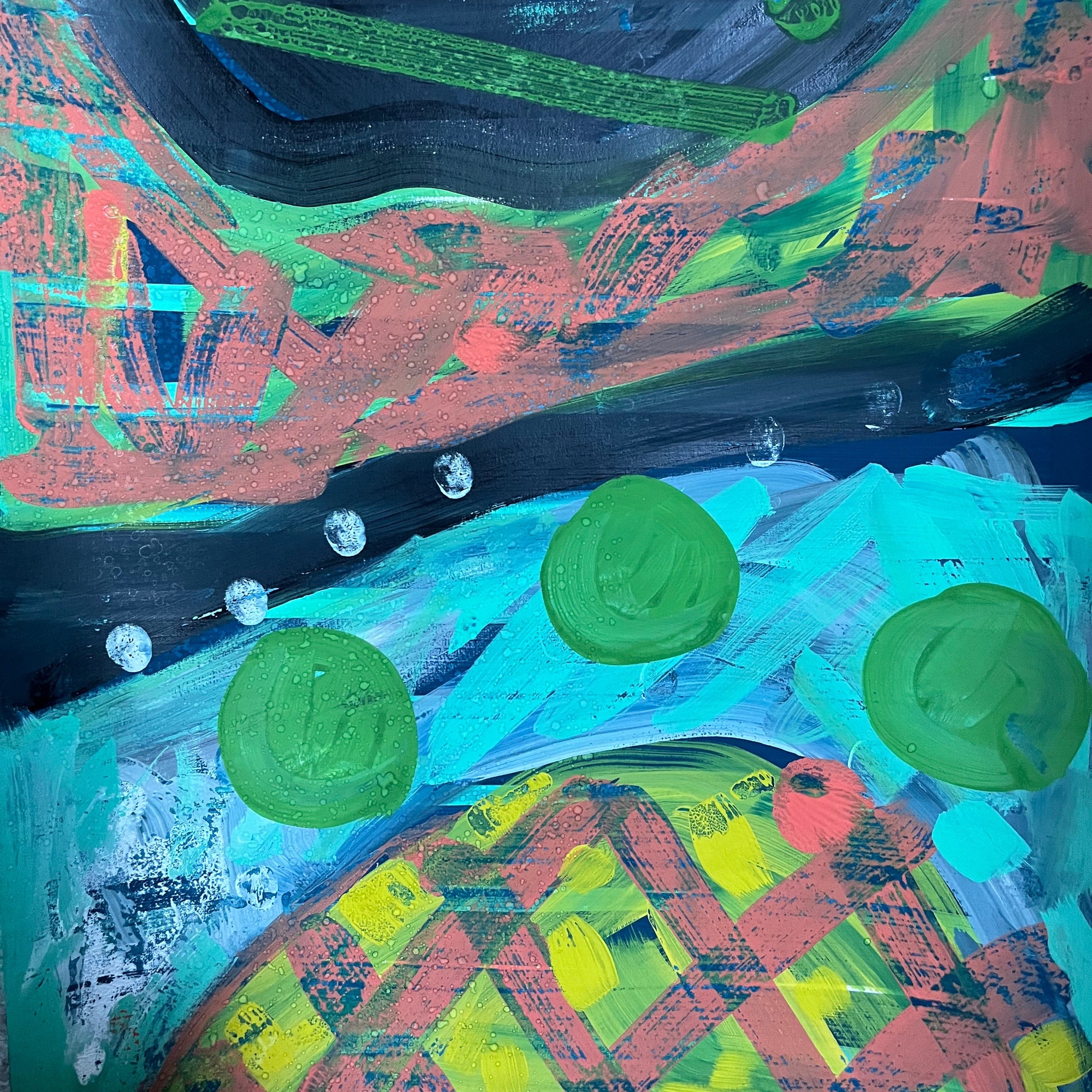 Abstract artwork with green circles and geometric patterns on a multicolored background