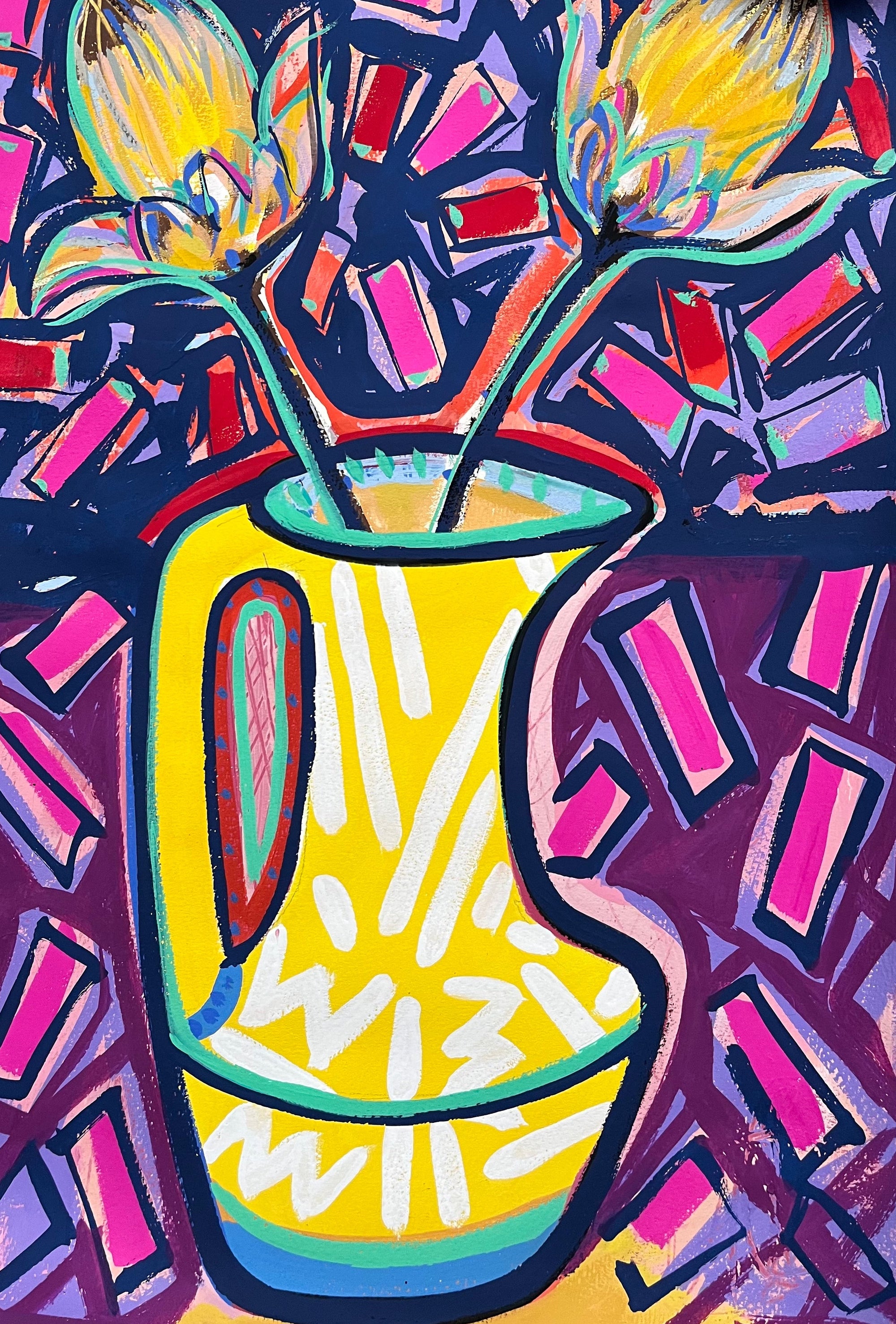 Colorful abstract painting of a yellow vase with flowers on a dark background