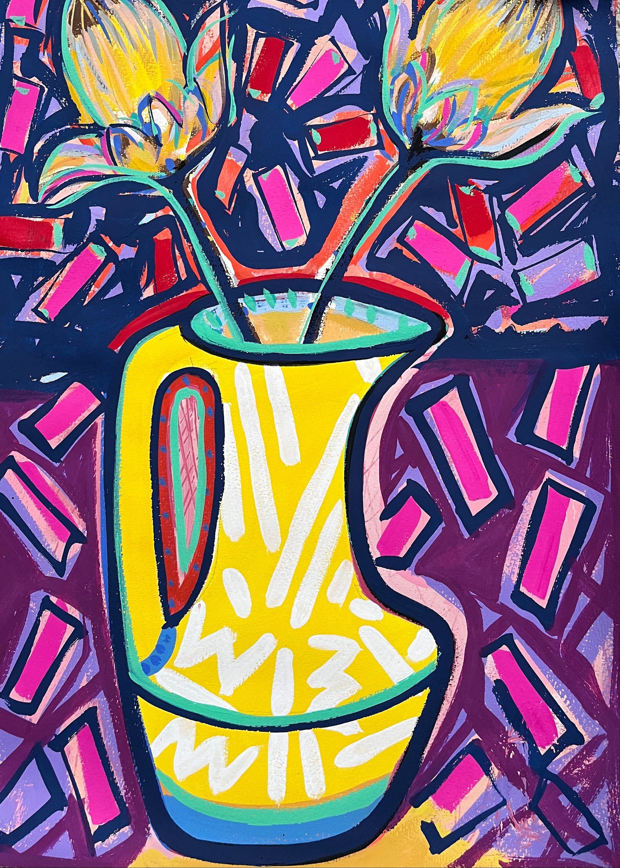 Colorful abstract painting of a yellow vase with flowers on a dark background
