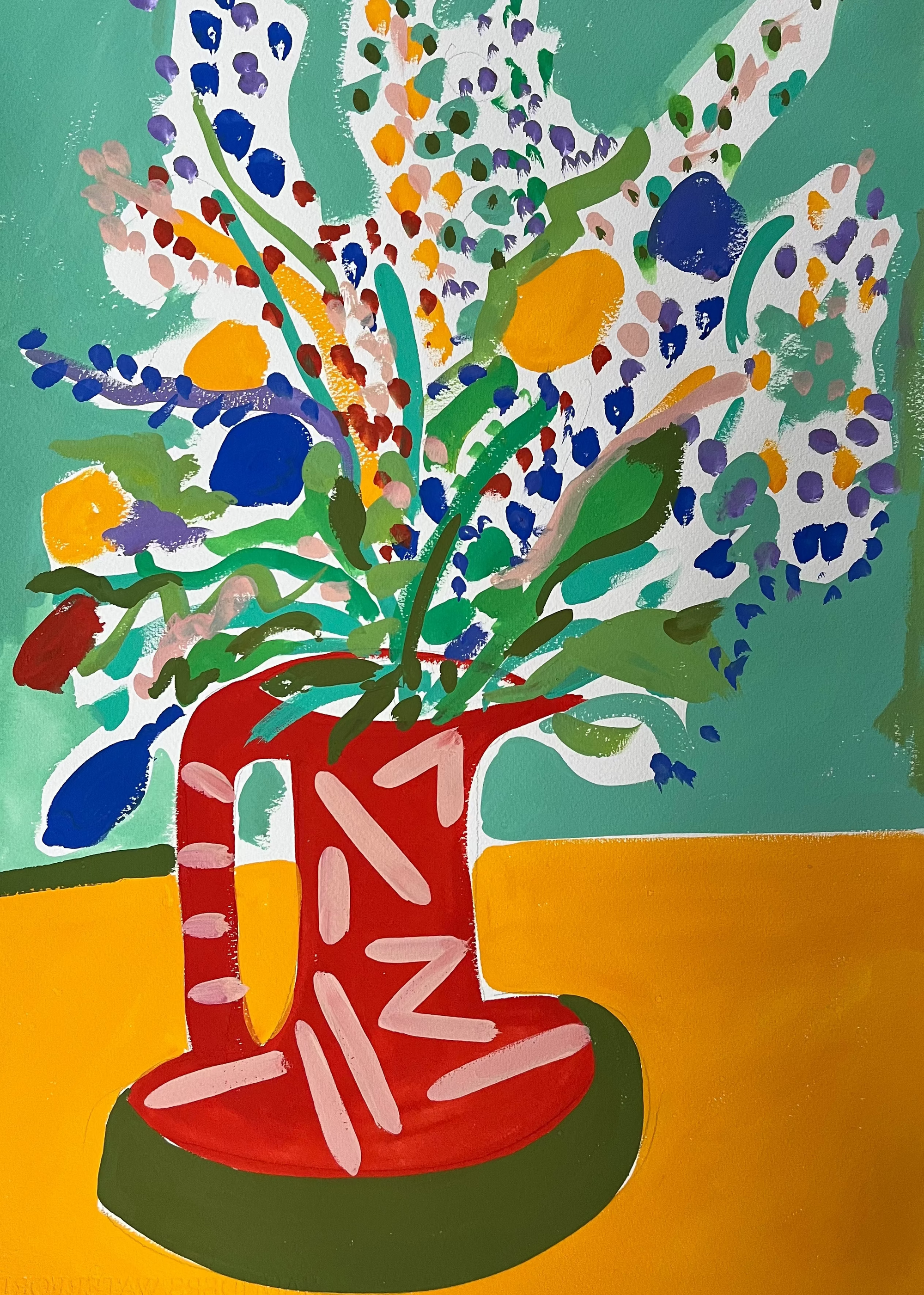 Colorful floral arrangement in a red vase on a green and yellow background