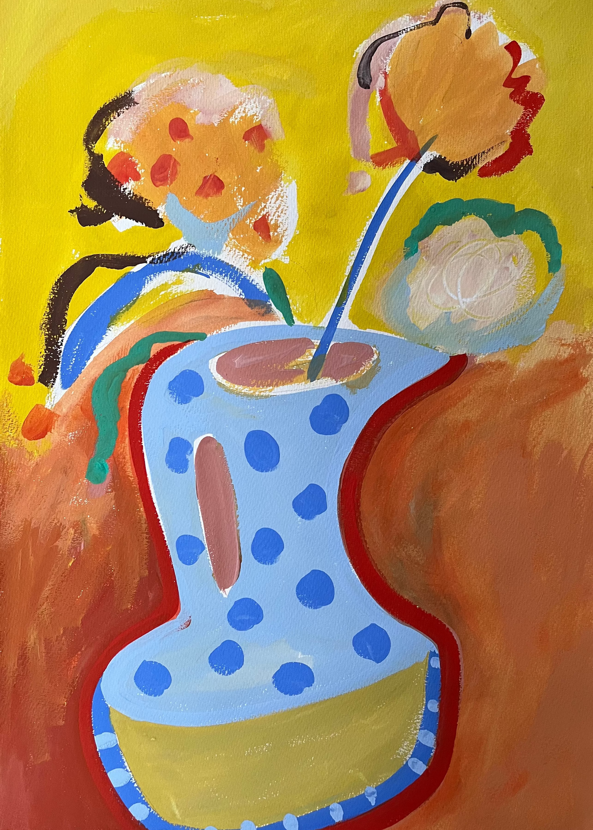 Painting of a polka dot vase with flowers on a yellow background