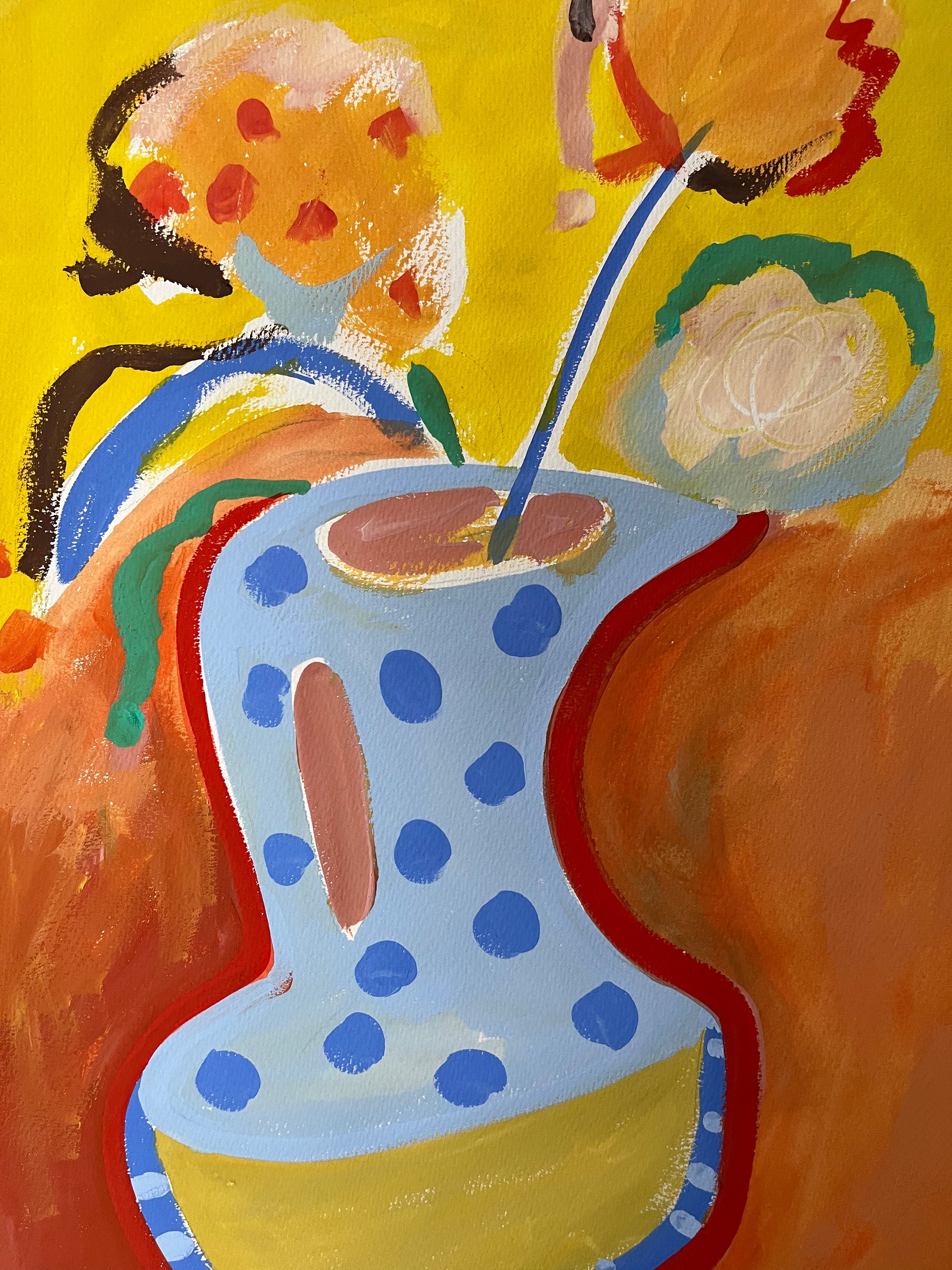 Abstract painting of a blue polka-dotted vase with flowers on a yellow background