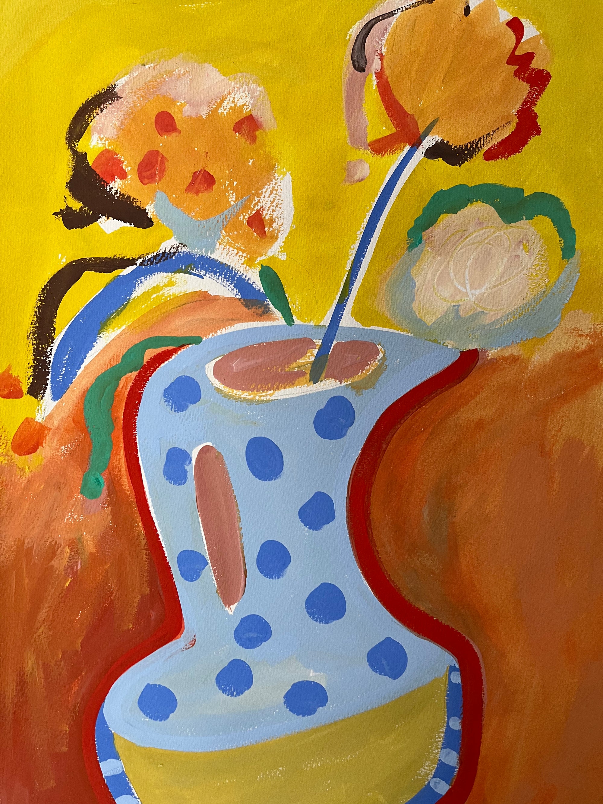 Abstract painting of a blue polka dot vase with floral elements on a yellow background
