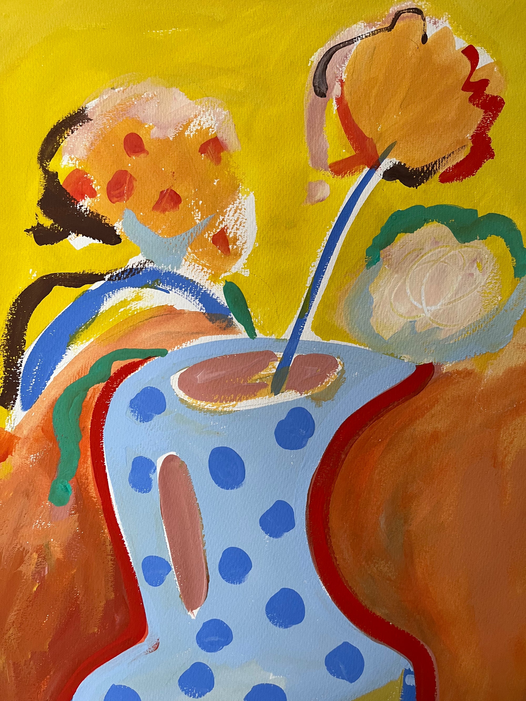 Abstract artwork with a polka dot cup and straw on a yellow background