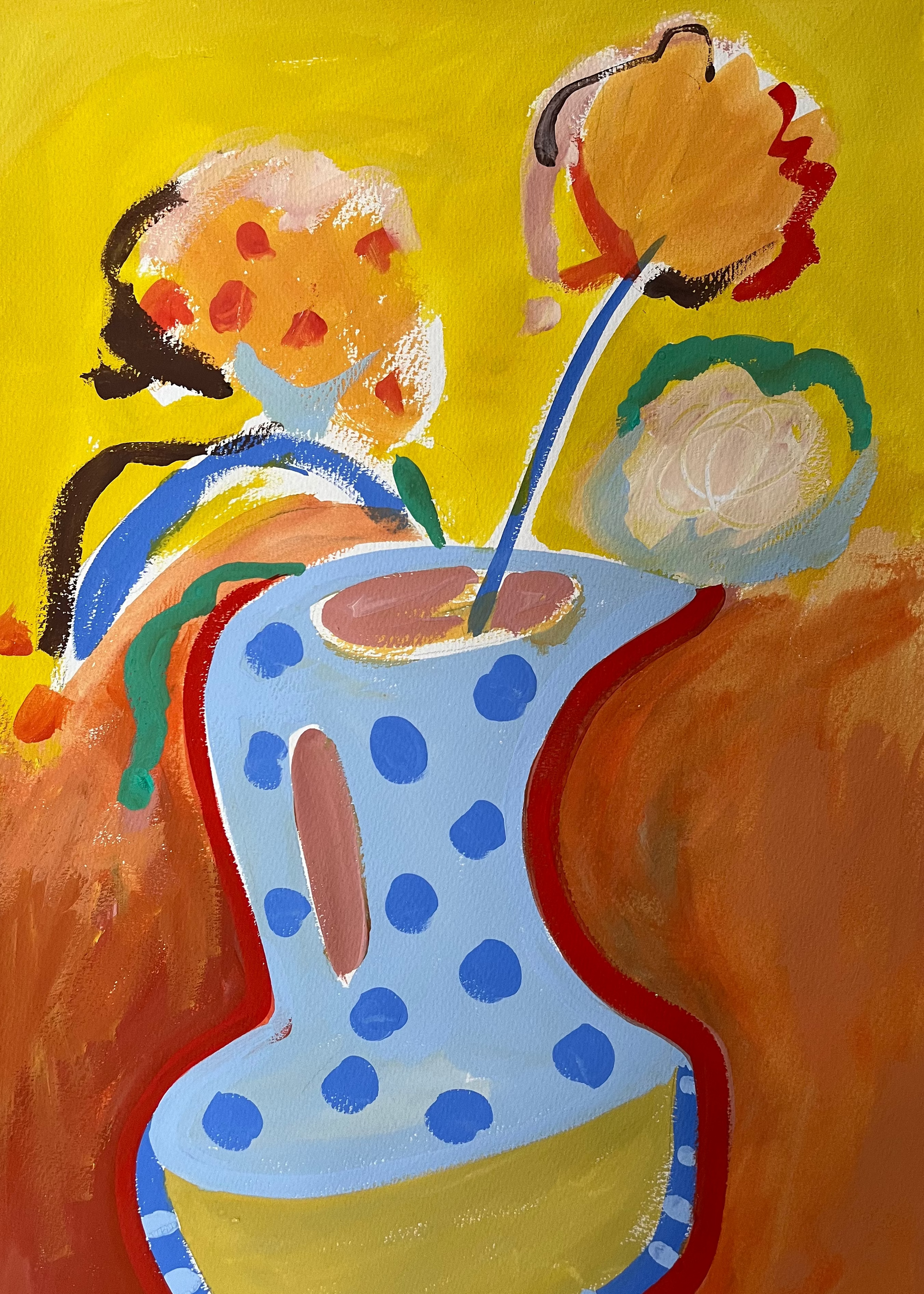 Abstract painting of a blue polka-dotted vase with flowers on a yellow background