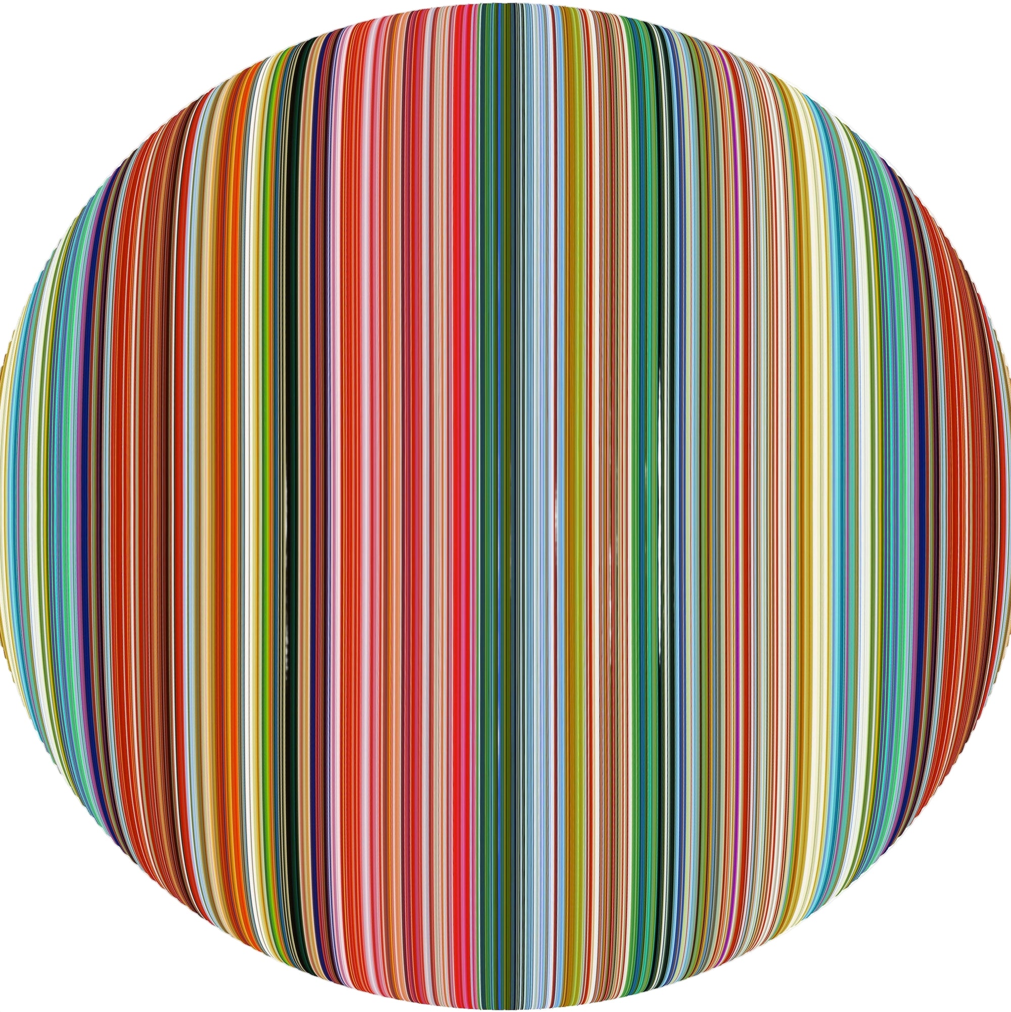 Round cushion with multicolored striped pattern on a white background