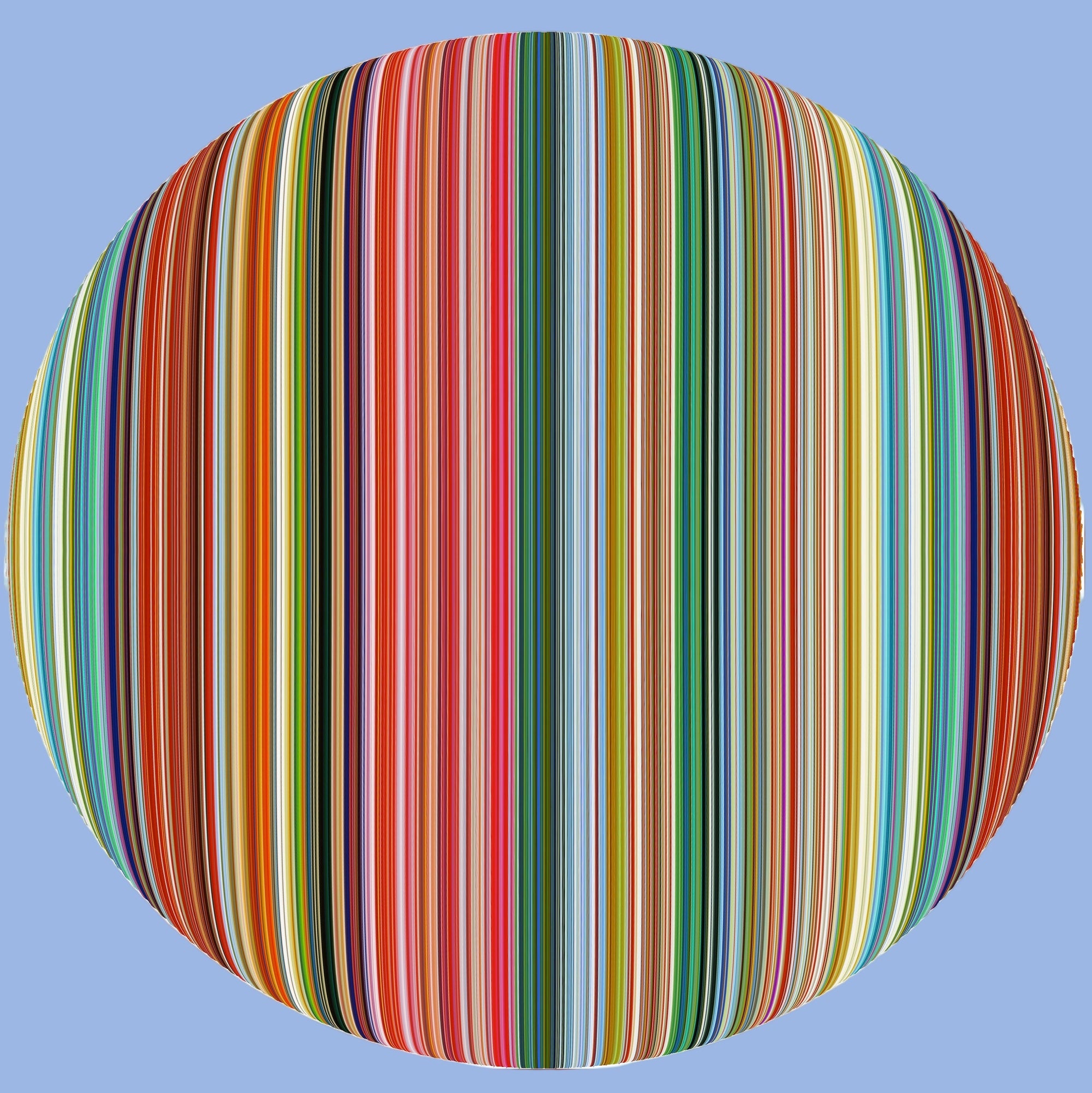 Colorful striped sphere on a white background with a computer screen displaying a colorful desktop.