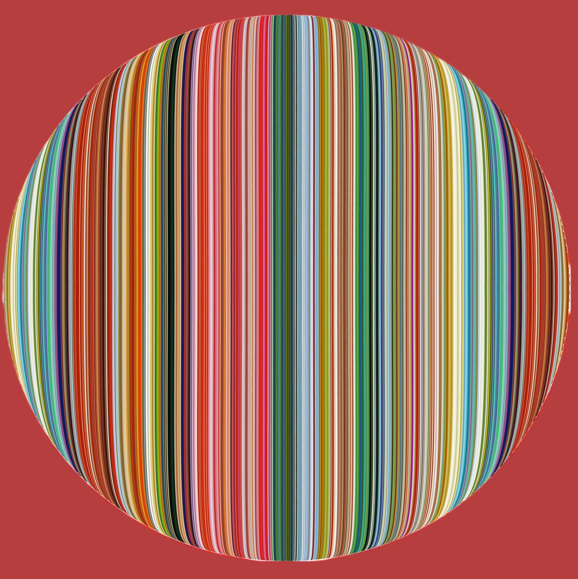 Round object with multicolored stripes on a red background