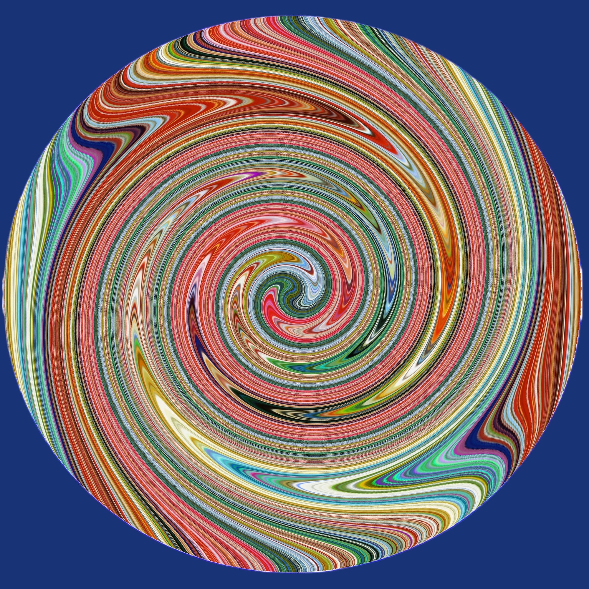 Computer screen with a colorful spiral design on the left and a gradient desktop background on the right.